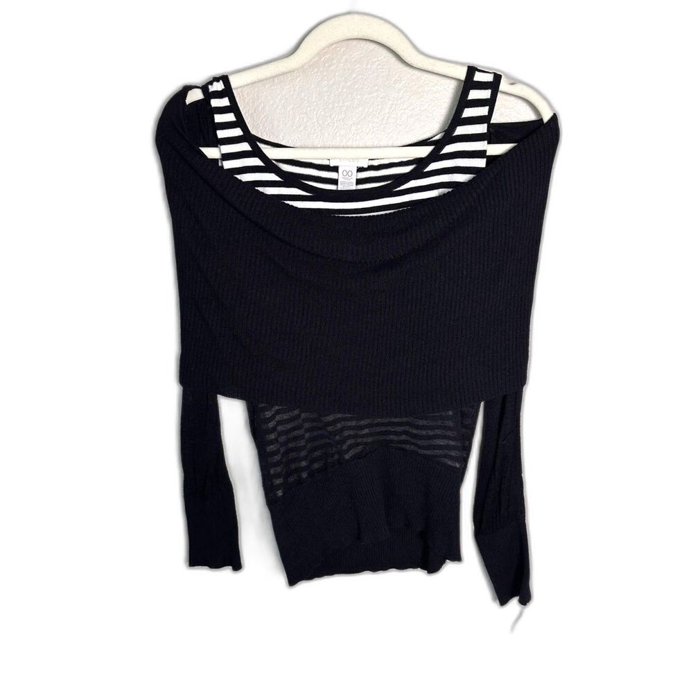 Chicos Top Womens 00 XS Black White Striped Cold Shoulder Knit Sweater Layered